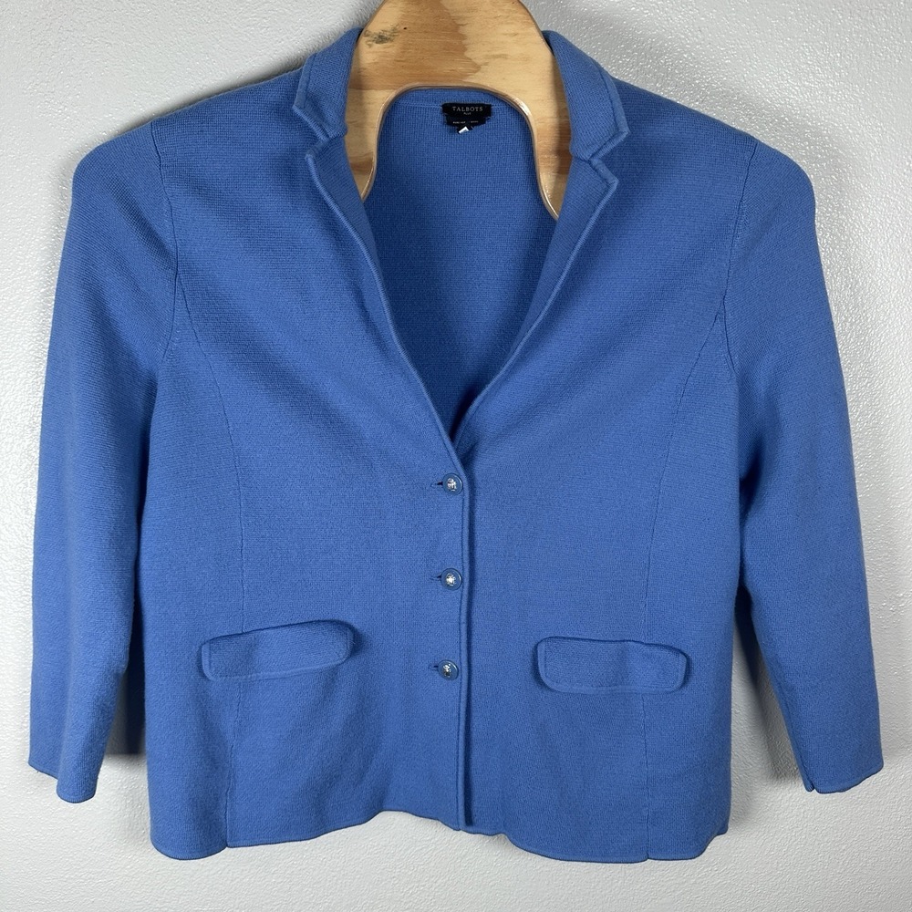 Talbots Plus 100% Merino Wool Cardigan Sweater Blazer Sz 2X Powder Blue Pocket